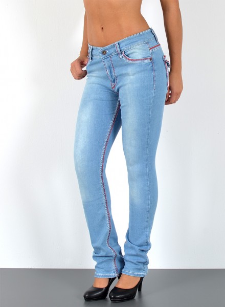 ESRA Damen Jeans gerader Schnitt mit roter Naht hellblau