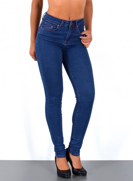 Damen Skinny High Waist Jeans mit roter Naht dunkelblau