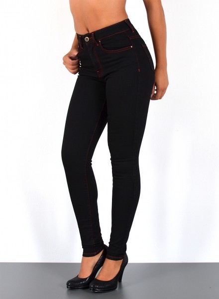 Damen Skinny High Waist Jeans mit roter Naht schwarz