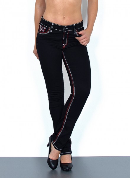ESRA Damen Straight Fit Jeans schwarz mit roter Naht große Größen