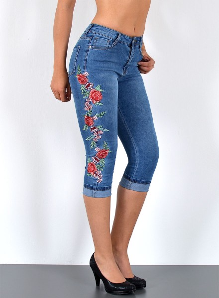 ESRA Damen Capri Jeans Hose mit Blumenstickerei große Größen