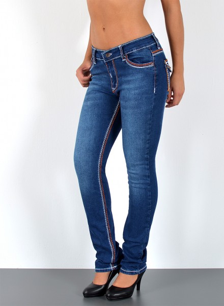 ESRA Damen Jeans gerader Schnitt mit oranger Naht große Größen