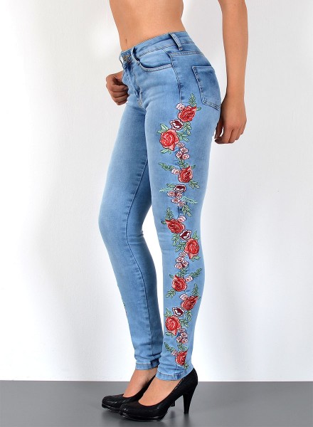 Damen High Waist Jeans Skinny mit Blumen Stickerei