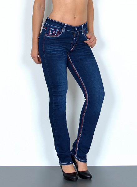 ESRA Damen Jeans gerader Schnitt mit roter Naht bis Übergröße