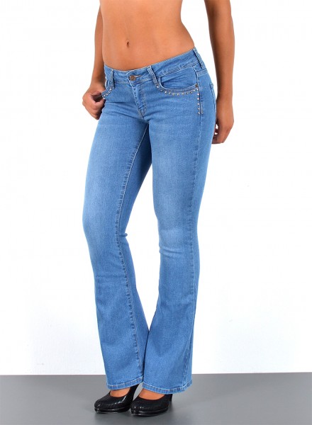 ESRA Damen Bootcut Jeans mit Nieten hellblau