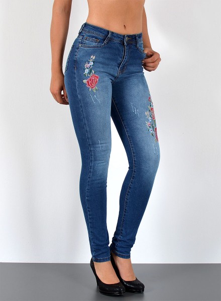 Damen Skinny Jeans mit Blumenstickerei bis Übergröße