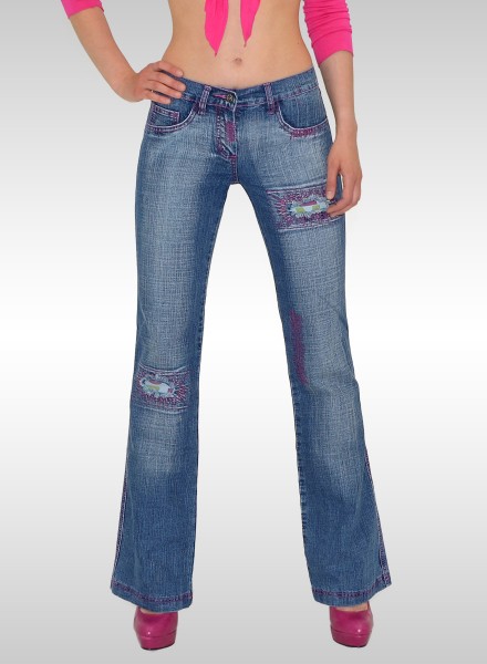 Damen Bootcut Jeans mit Stickerei und Aufnähern