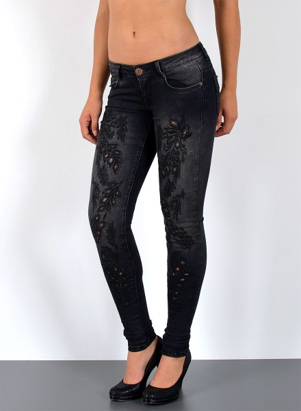 Damen Skinny Jeans mit Strass und Spitze schwarz
