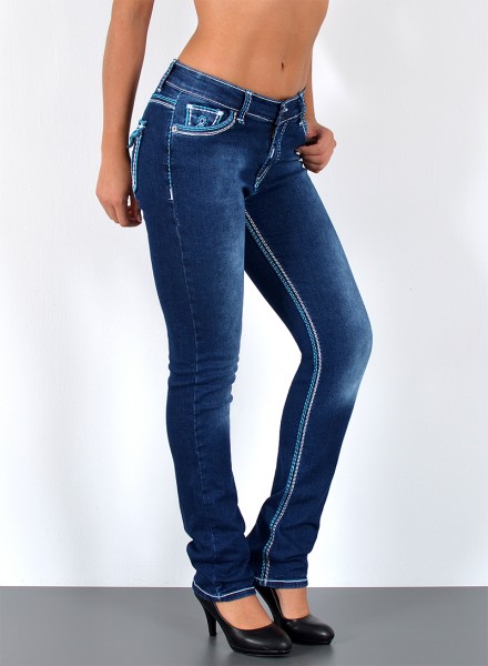 ESRA Damen Jeans gerader Schnitt mit türkiser Naht bis Übergröße