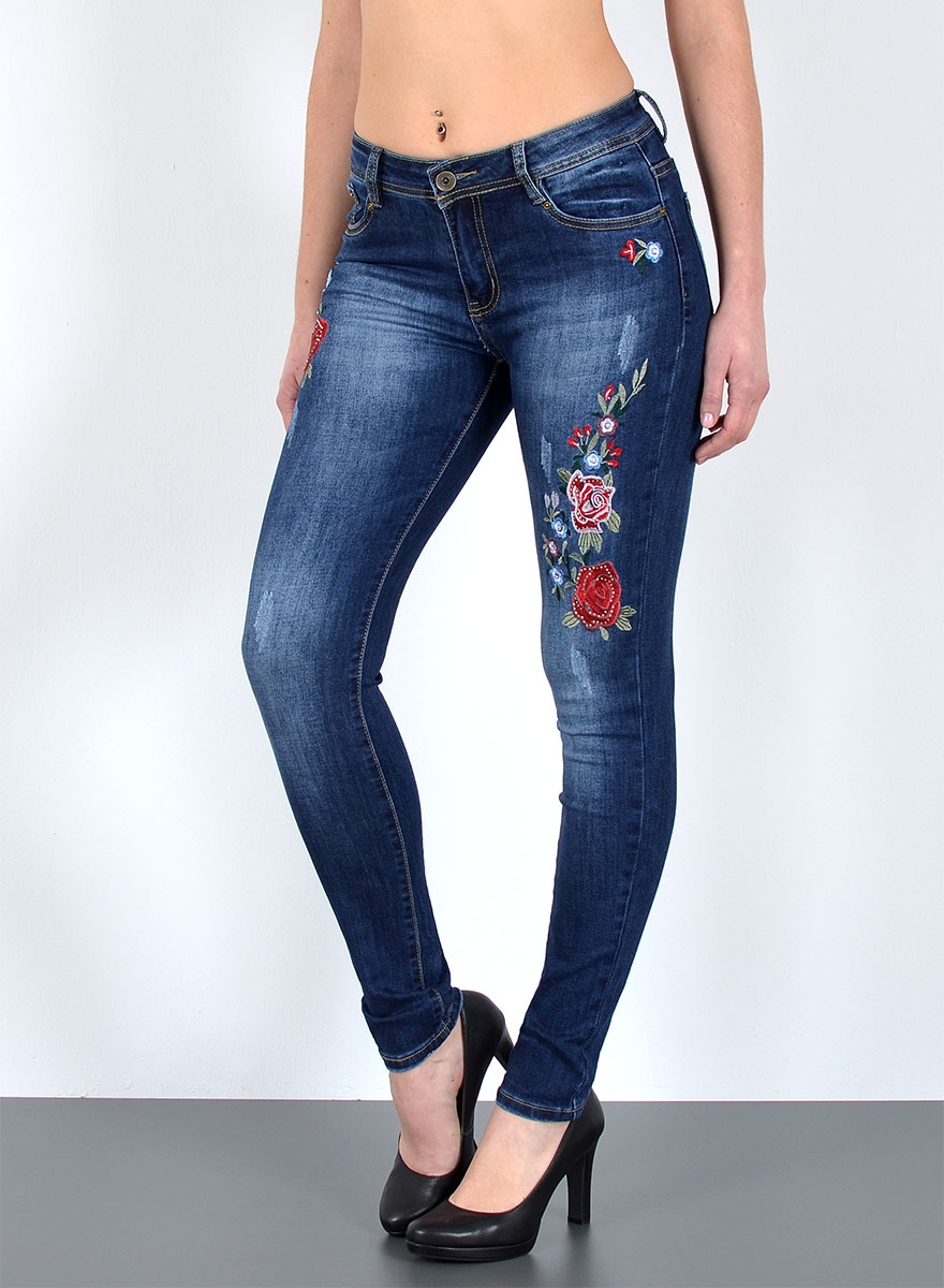 SALE Damen Skinny Jeans mit Blumenstickerei Jeans mit Rosenmuster J57 